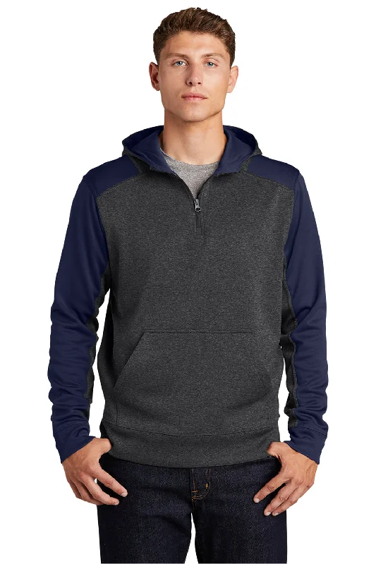 custom sweatshirts for men -Sport-Tek Mens Tech Moisture Wicking Fleece 1/4 Zip Hooded Sweatshirt Hoodie w/ Patch Pocket - Heather Graphite Grey/True Navy Blue