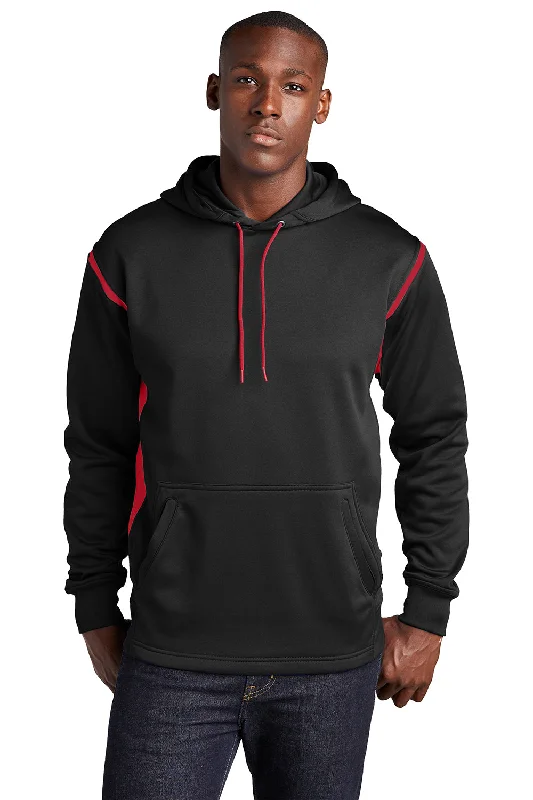 oversized sweatshirts for men -Sport-Tek Mens Tech Moisture Wicking Fleece Hooded Sweatshirt Hoodie w/ Pouch Pocket - Black/True Red