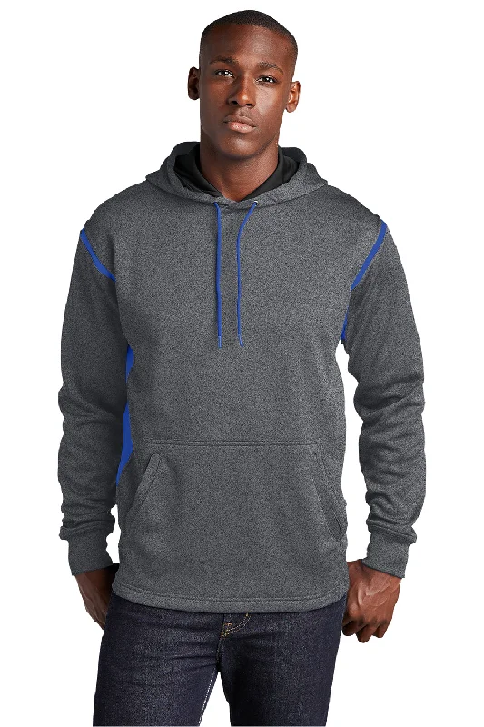 sports sweatshirts for men -Sport-Tek Mens Tech Moisture Wicking Fleece Hooded Sweatshirt Hoodie w/ Pouch Pocket - Heather Graphite Grey/True Royal Blue