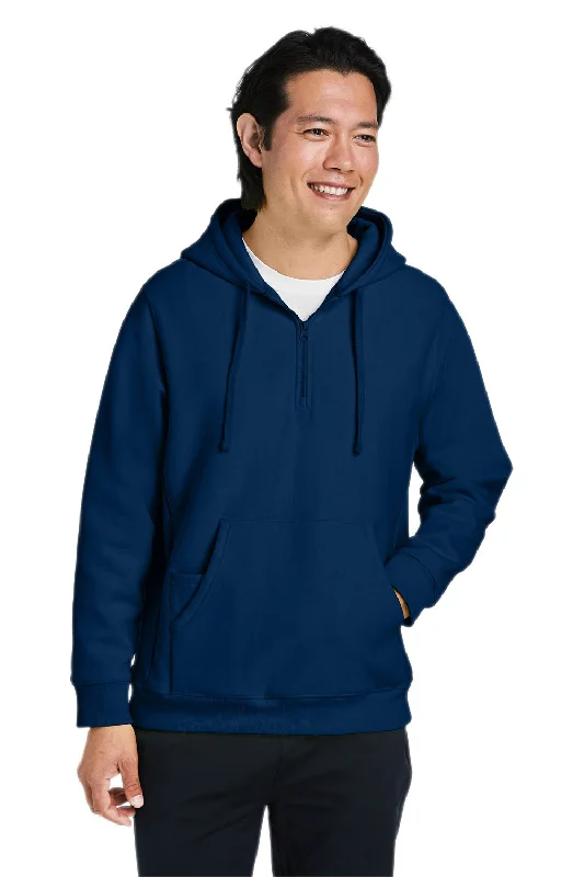 men's hoodies for gym -Team 365 Mens Zone HydroSport Water Resistant 1/4 Zip Hooded Sweatshirt Hoodie w/ Pouch Pocket - Dark Navy Blue